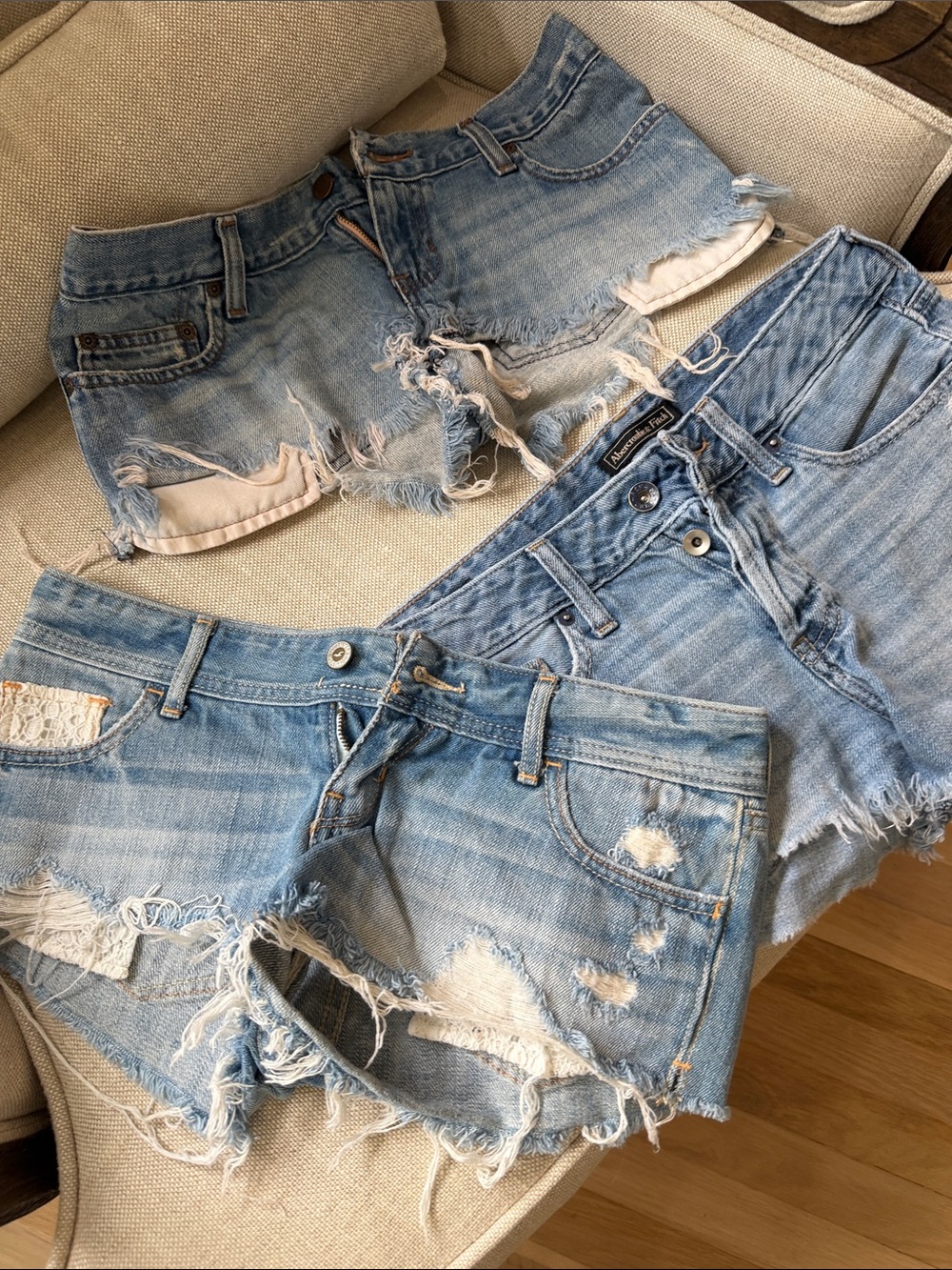 Bundle of vintage Abercrombie & Fitch and Hollister Distressed Denim Shorts Trio